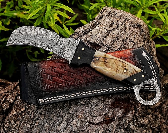 Handmade 1095 Steel Lineman’s Hawkbill knife with Leather sheath, Heavy Duty Utility Knife blade Electrician Wire Skinning knife for professional.(Horn)