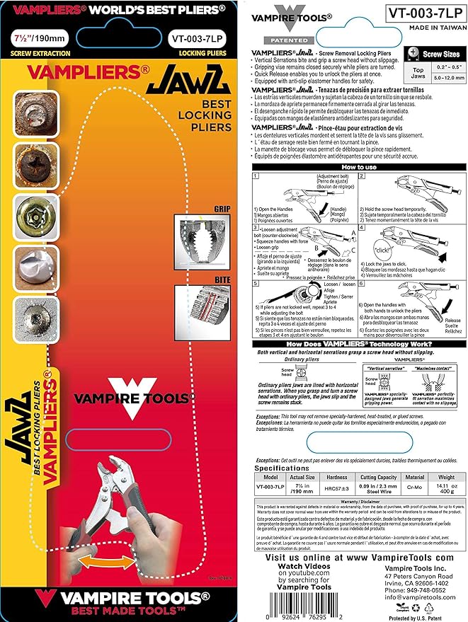 VAMPLIERS 7.5" Vise Grip Heavy Duty Locking Pliers with Screw Extractor Curved Jaws. Professional Grade. Secure Hold, Quick Release. Grip & Remove Stripped/Stuck Screws in seconds.