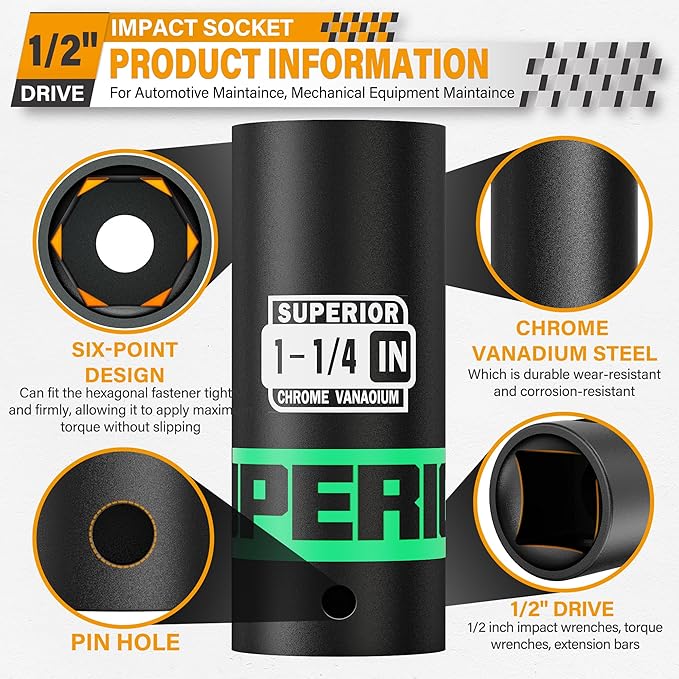 1/2" Drive Impact Socket, 1-1/4 inch Deep Socket, SAE, 6 Point, CR-V, for Car Repair, Loosen the Fastening Nut
