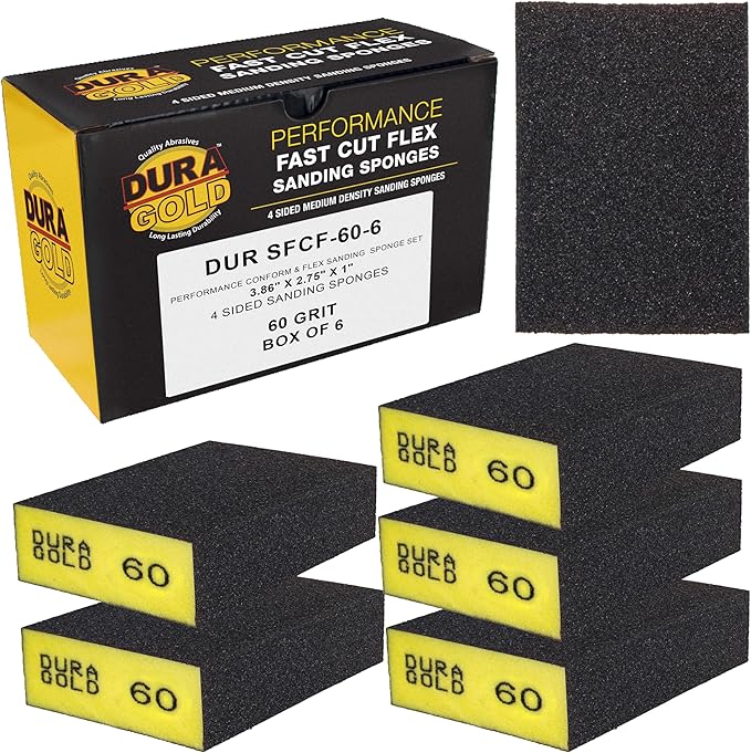 Dura-Gold 60 Grit 4-Sided Hand Sanding Block Sponges, Box of 6 - Performance Flex 3.9" x 2.75" x 1" Wet or Dry Flexible Sandpaper Abrasive Brick Pads, Reusable - Sand Wood, Drywall, Metal, Auto Paint