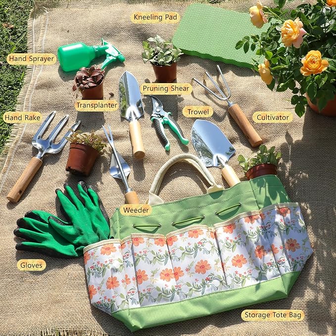LeMotech Gardening Tools, 10-Piece Heavy Duty Garden Hand Tools Set with Wooden Handle, Durable Fashion Organizer Bag for Garden Supplies, Gardening Gifts for Women Grandmother, Yellow Floral Pattern