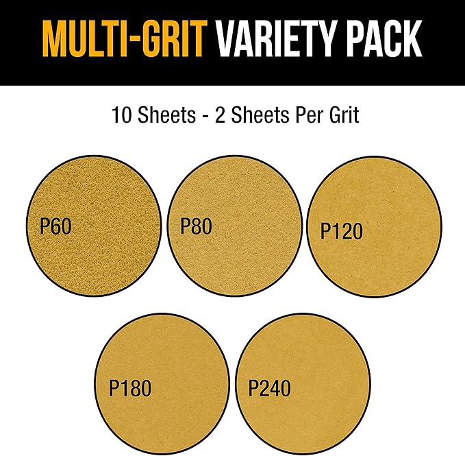 Dura-Gold Premium 9" Drywall Sanding Discs Variety Pack Box - 60, 80, 120, 180, 240 Grit (2 Discs Each, 10 Total) - Sandpaper Discs with PSA Self Adhesive Stickyback, Fast Cutting For Power Sander