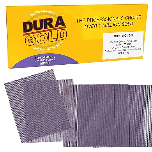Dura-Gold Premium 80 Grit 1/4 Sheet Size Purple Ceramic Mesh Sandpaper, Box of 16-4.5" x 5.5" Dustless Hook & Loop Backing, Palm Sanders, Sanding Blocks - Long-Lasting Fast Cut - Woodworking, Auto
