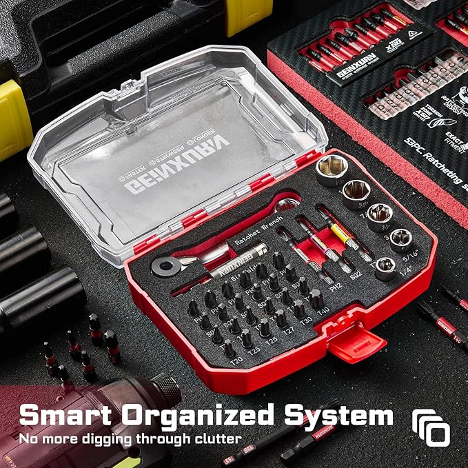 34 Pieces Tool Kit with Matching Storage Box, Include 1??2??S2 Steel Magnetic Screwdriver Bits (Phillips/Square/Torx), Socket, Bit Holder and Mini Ratchet Wrech for Home Repairs