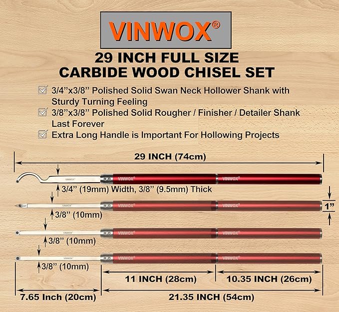 9 PCS Carbide Wood Lathe Turning Tool Set, Pen Turning tools, Including Swan Neck Hollower, Rougher, Finisher, Detailer, Aluminum Handles from 14" to 29", Fine Polished Stainless Steel Shank