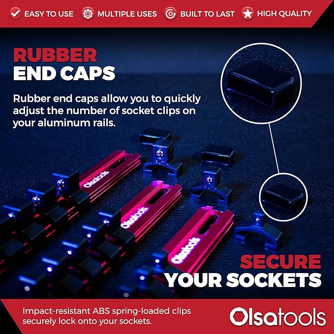 Olsa Tools Aluminum Socket Organizer, 3pc Set - Red Socket Holder Kit 1/2-Inch, 3/8-Inch, and 1/4-Inch Drive - Holds 58 Chrome or Impact Sockets - Professional Grade Socket Rails - Part: 1009