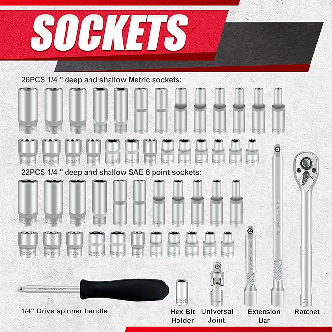 54pcs 1/4" Socket Set,Drive Impact Socket Set, SAE/Metric, Deep & Shallow with Universal Joint,Extension Bars,Hex Bit Holder, Spinner Handle,Ratchet,Cr-V Steel竊? Point竊?-14mm竊?/32-9/16 inch