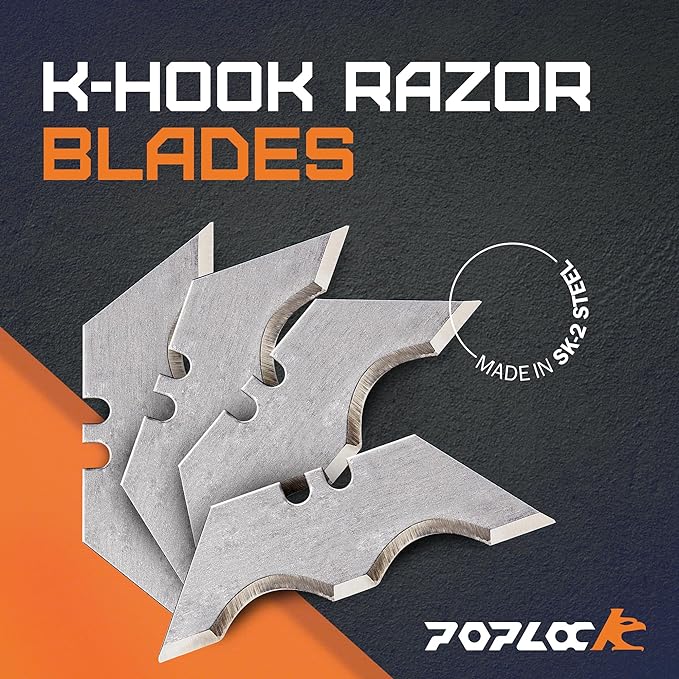 Poplock Hook Blades for Utility Knife, 20 Pack SK2 Steel Hook Utility Knife Blades, Long-Lasting Wide R-Curve Design for Roofing, Carpet & Cardboard ??Fits Standard Box Cutters