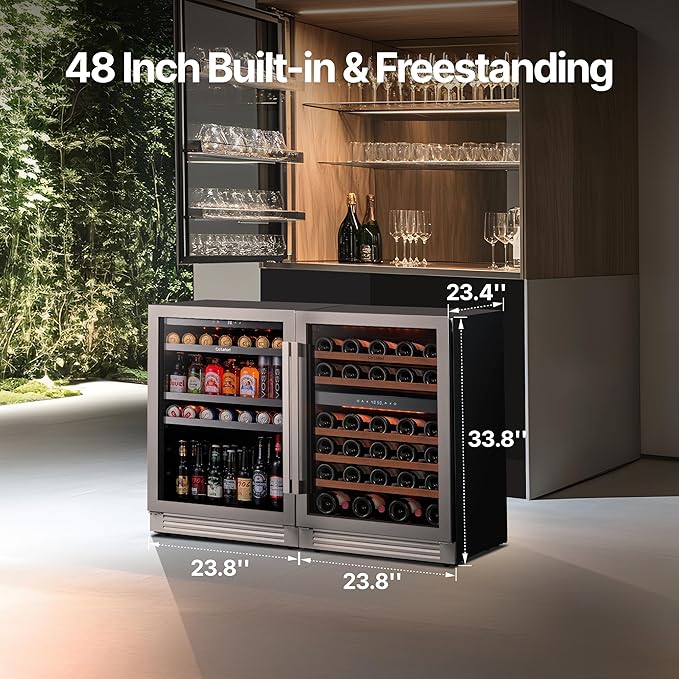 Ca'Lefort Wine Beverage Refrigerator Bundle - 48 Inch 34-65째F Drink Fridge Glass Door, 3 LED Dual Zone Wine Fridge Built-in or Freestanding, Holds 220 Cans and 46 Bottles (11.3 Cu.ft)