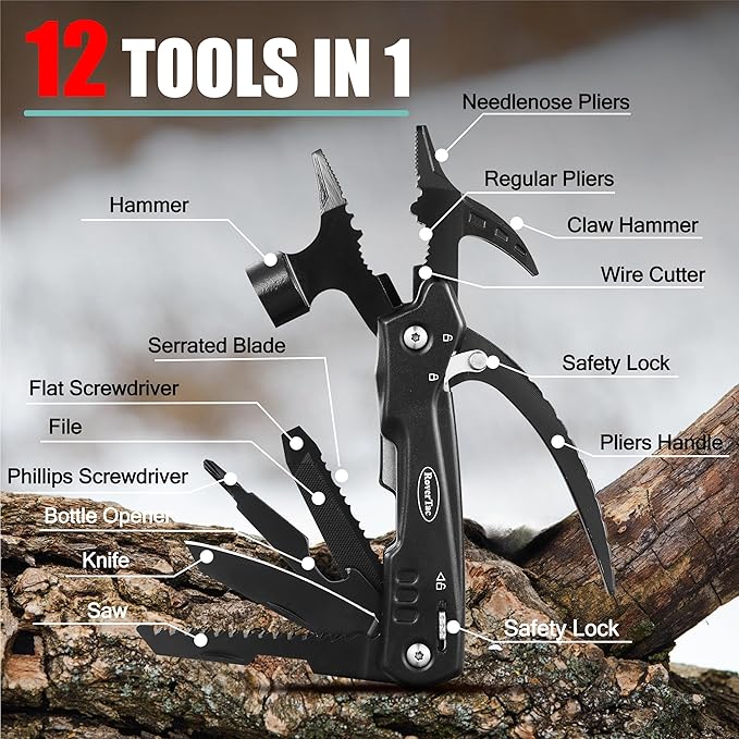 RoverTac Multitools Gift Set ??12-in-1 Multi Tool Hammer, LED Flashlight, Utility Knife in ?쏧 LOVE YOU??Gift Box ??Tool Gift for Husband, Boyfriend, Him, Men ??Camping Gear & Survival Tools