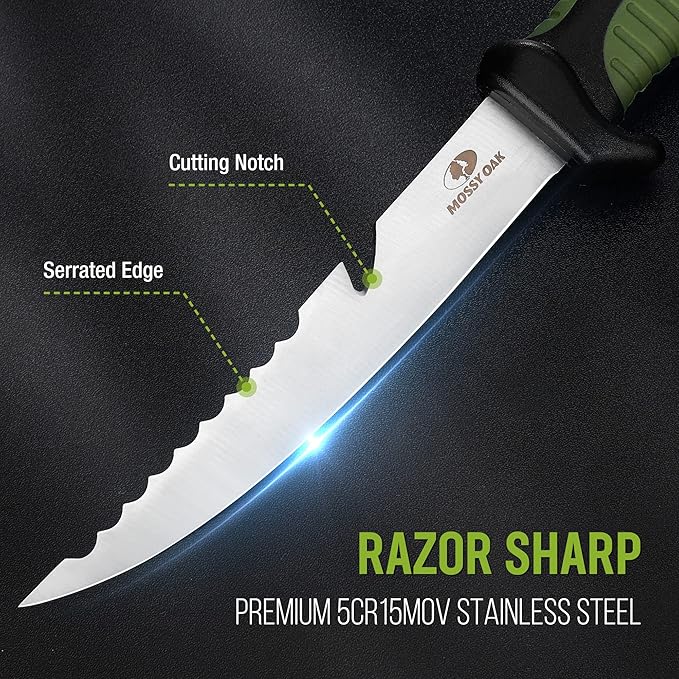 Mossy Oak 3-Piece Fishing Fillet Knife Set with Protective Sheath, Stainless Steel Filet Knives with Non-Slip Handle, Bait Knife for Filleting and Boning (Military Green)