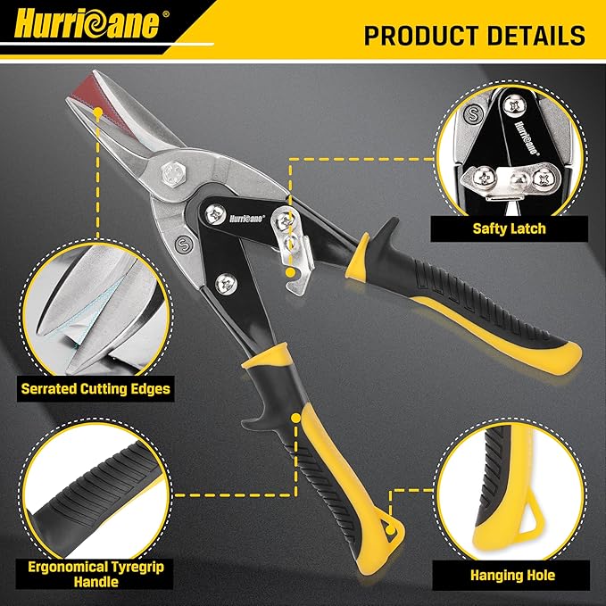 HURRICANE 3 pc Aviation Tin Snips Set, 10 inch Metal Cutter Shears for Cutting Sheet Metal, Cr-V Blades, Straight Left and Right Aviation Snips, with Ergonomical TyreGrip Handle and Safety Latch
