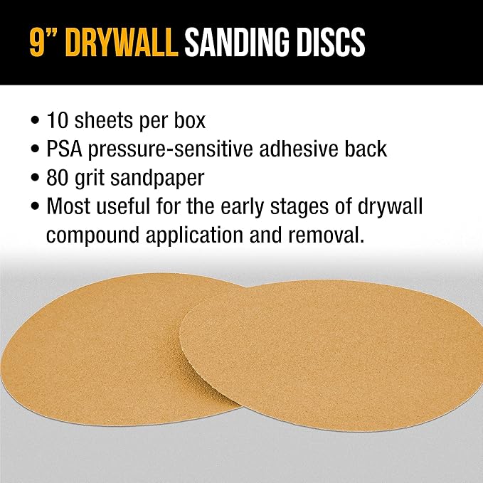 Dura-Gold Premium 9" Drywall Sanding Discs - 80 Grit (Box of 10) - Sandpaper Discs with PSA Self Adhesive Stickyback, High-Performance Fast Cutting Aluminum Oxide Abrasive - for Drywall Power Sander