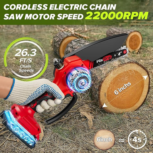 Mini Chainsaw, 6 Inch Cordless Electric Chainsaw, Handheld Chain Saw - Portable Pruning Shears for Tree Branches, Courtyard, Household and Garden - Gift for Men, Dad, Husband, Women（Red）