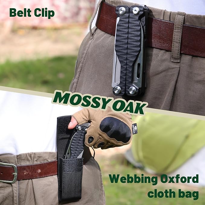 MOSSY OAK Multitool, 17-in-1 EDC Multi Tool with CNC-Machined Steel Pliers, G10 Anti-Slip Handle, Nylon Sheath & Belt Clip ??Durable MultiTool for Camping, Hiking, Hunting, Survival, and Everyday Use