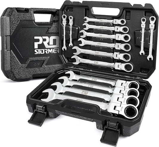 Prostormer 14-Piece SAE Flex-Head Ratcheting Wrench Set, 1/4" to 1" Combination Wrench Kit with Storage Case, 72 Tooth, Cr-V Steel Constructed