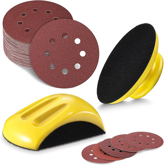 Huwena 5 Inch Hook and Loop Sanding Block Set, 2 Pcs Round and Mouse Sanding Block with 50 Pcs Different Grit Discs Sandpapers, Sand Paper for Wood Furniture Restoration Home Arts and Crafts