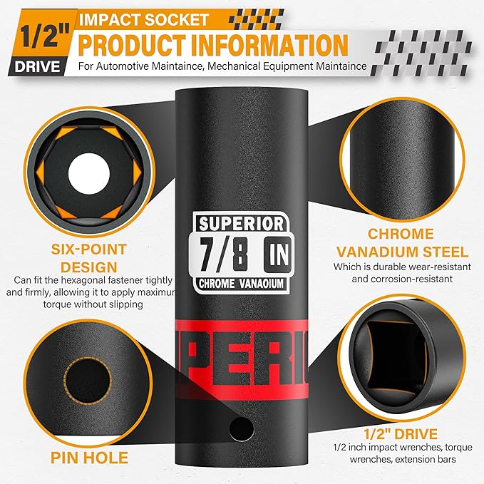 1/2" Drive Impact Socket, 7/8 inch Deep Socket, SAE, 6 Point, CR-V, for Car Repair, Loosen the Fastening Nut