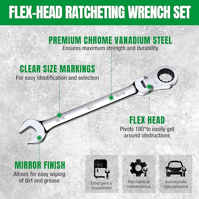SK Flex-Head Ratcheting Wrench Set, Combination Wrench Set, 13-Piece, SAE 1/4" to 1", 72-Tooth, Premium CR-V Construction, with Rack Organizer