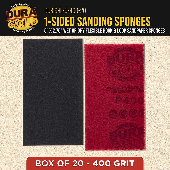 Dura-Gold 400 Grit 5" x 2-3/4" Sanding Sponges, Box of 20 - Performance Hook & Loop Wet or Dry Flexible Sandpaper Sponge Pads - for Hand Sanding Blocks, Palm Sanders - Polish Metal, Auto Paint, Wood
