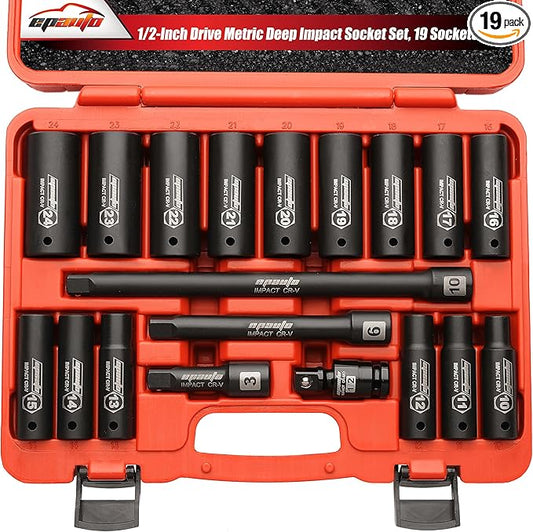 EPAuto 1/2-Inch Drive Metric (10-24 mm) Deep Impact Socket Set | Extension Bar | Universal Joint, Cr-V, 6 Points, 19 Pieces
