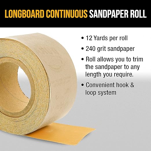 Dura-Gold Premium - 240 Grit Gold - Hook & Loop Backing Longboard Continuous Sandpaper Roll, 2-3/4" Wide, 12 Yards Long - for Automotive & Woodworking Air File Long Board Sanders, Hand Sanding Blocks