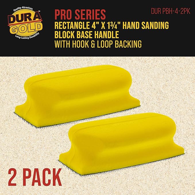 Dura-Gold Pro Series Rectangle 4" x 1-3/4" Hand Sanding Block Base Handle with Hook & Loop Backing, 2 Pack - Attach Pad to Contoured 4" Sanding Blocks Sandpaper - Sand Wood Woodworking Furniture Paint