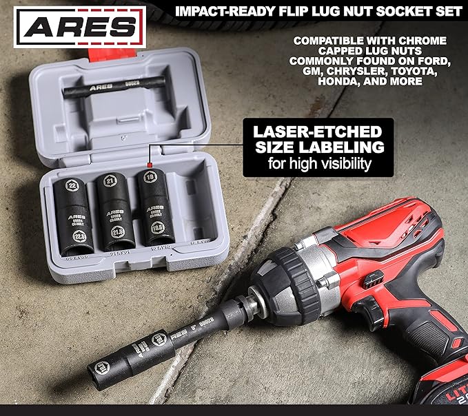 ARES 59065-6pc Half Size Lug Nut Flip Impact Socket Set - 1/2-Inch Drive ??Removes Bloated/Damaged Chrome Capped Lug Nuts ??Flip Sockets - Includes 5-Inch Extension and Knockout Bar