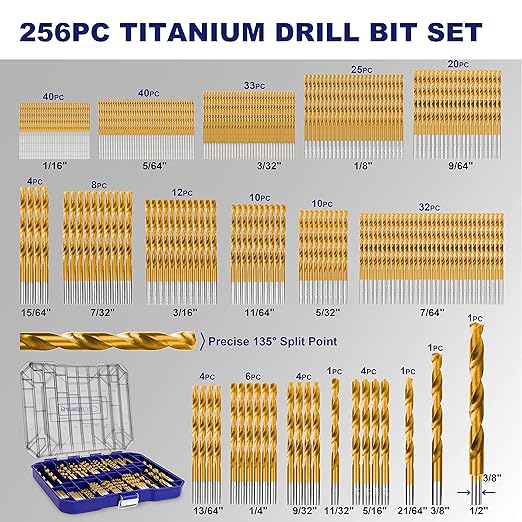 276pc Titanium Twist Drill Bit Set with S2 Bits 135째 Tip High Speed Steel, Size from 1/16" up to 1/2", Ideal in Wood Cast Iron Aluminum Alloy Plastic Fiberglass, Clear Lid Case