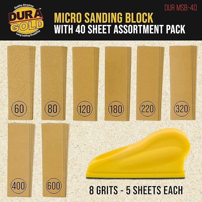 Dura-Gold Micro Hand Sanding Block Kit, 3.5??x 1??Pad, Hook & Loop Backing, 40 Sandpaper Sheets, 5 Each 60, 80, 120, 180, 220, 320, 400, 600 Grit - Wood Woodworking, Small Detail Finishing Sander