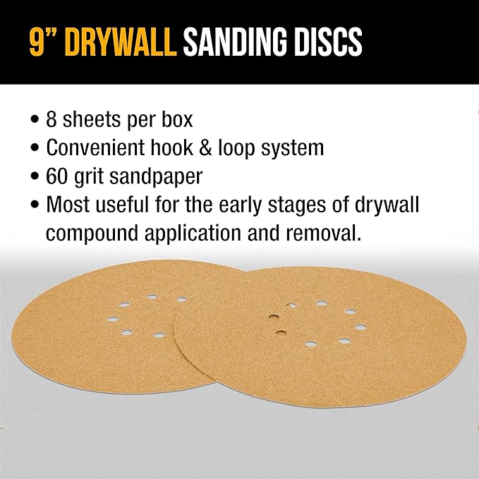 Dura-Gold Premium 9" Drywall Sanding Discs - 60 Grit (Box of 8) - 8 Hole Pattern Sandpaper Discs with Hook & Loop Backing, Fast Cutting Aluminum Oxide Abrasive - for Drywall Power Sander, Sand Wood