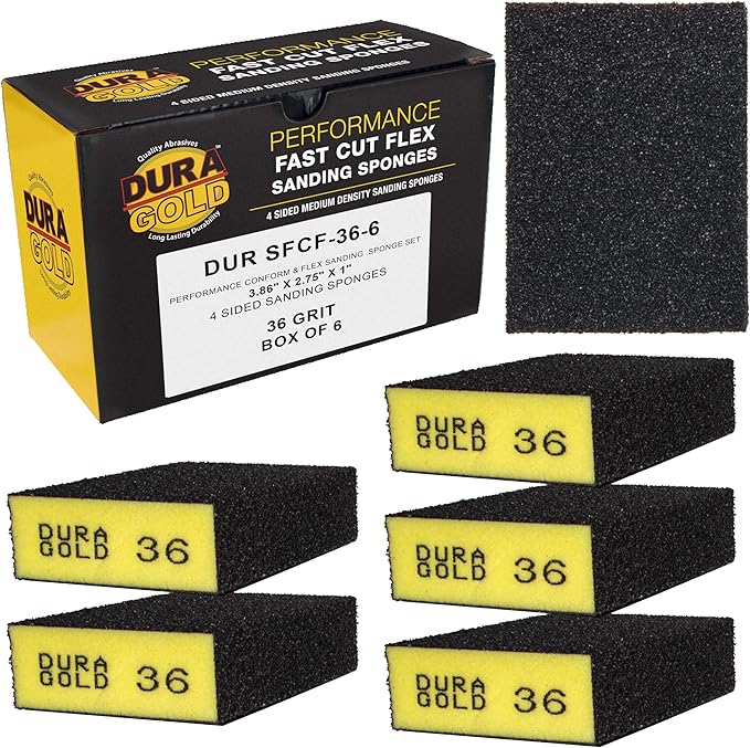 Dura-Gold 36 Grit 4-Sided Hand Sanding Block Sponges, Box of 6 - Performance Flex 3.9" x 2.75" x 1" Wet or Dry Flexible Sandpaper Abrasive Brick Pads, Reusable - Sand Wood, Drywall, Metal, Auto Paint