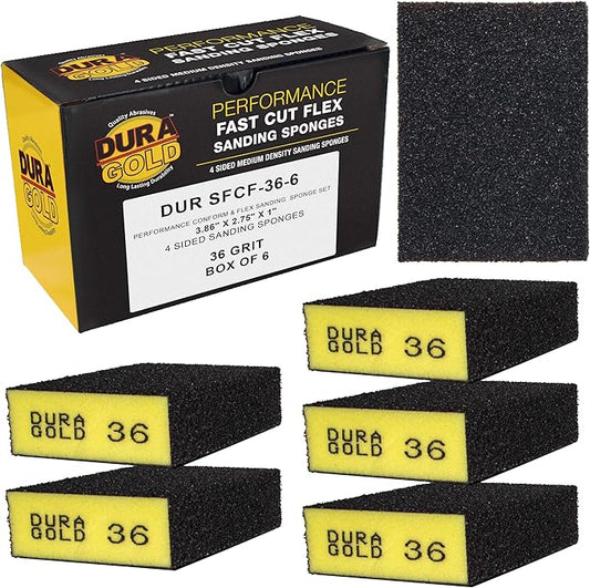 Dura-Gold 36 Grit 4-Sided Hand Sanding Block Sponges, Box of 6 - Performance Flex 3.9" x 2.75" x 1" Wet or Dry Flexible Sandpaper Abrasive Brick Pads, Reusable - Sand Wood, Drywall, Metal, Auto Paint
