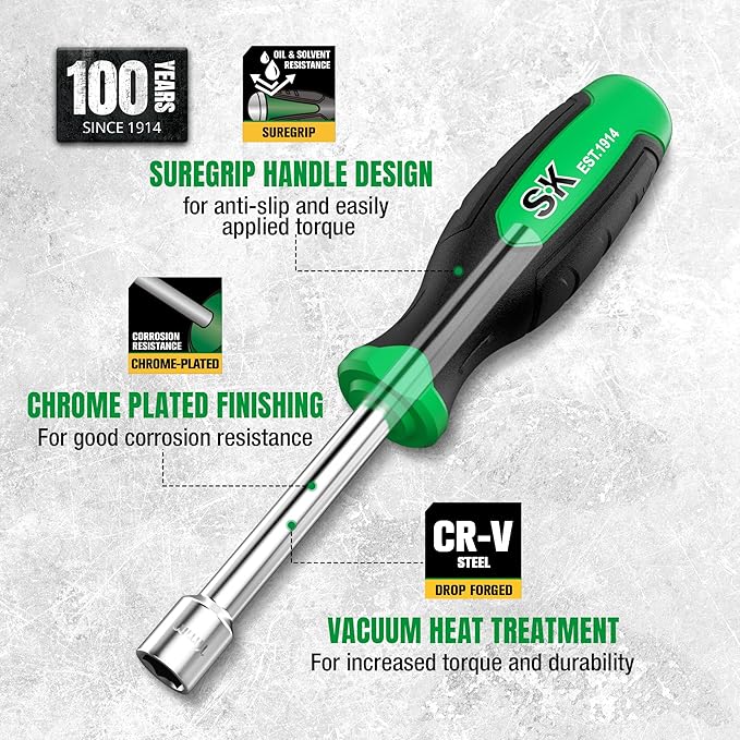 SK 7-Piece Metric Nut Driver Set, 5, 6, 7, 8, 9, 10, 11 mm, Premium CR-V Construction, SureGrip Handle