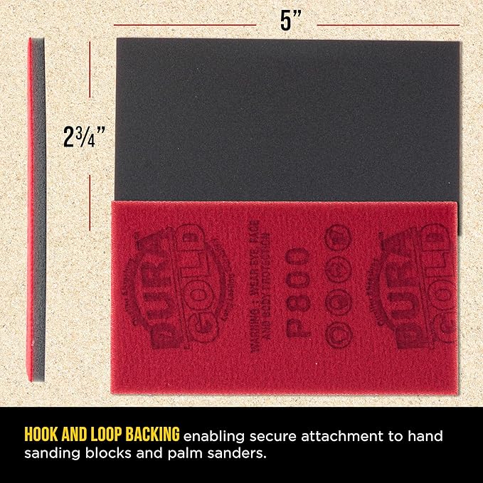 Dura-Gold 800 Grit 5" x 2-3/4" Sanding Sponges, Box of 20 - Performance Hook & Loop Wet or Dry Flexible Sandpaper Sponge Pads - for Hand Sanding Blocks, Palm Sanders - Polish Metal, Auto Paint, Wood