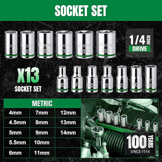 SK 1/4" Drive Socket Set, Metric Sockets, 13-Piece 4-14 mm, SuperKrome Finish, Premium CR-V Construction, with Aluminum Socket Organizer