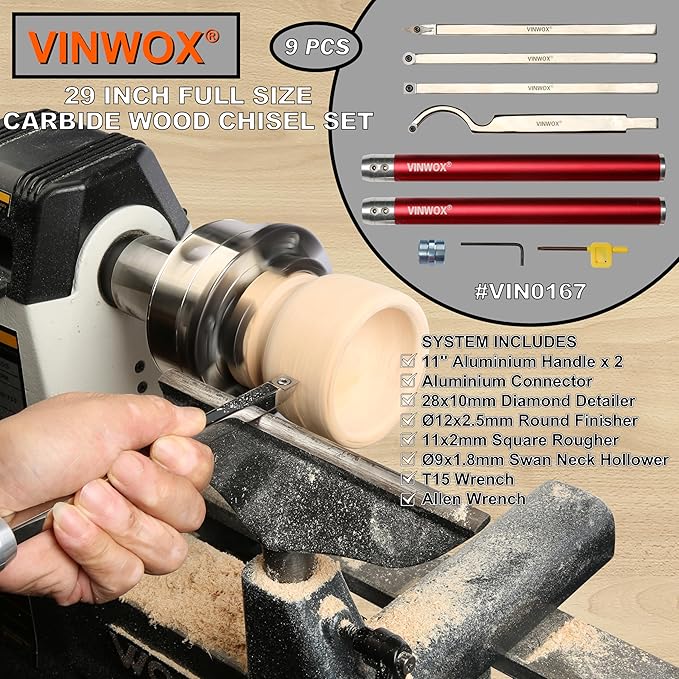 9 PCS Carbide Wood Lathe Turning Tool Set, Pen Turning tools, Including Swan Neck Hollower, Rougher, Finisher, Detailer, Aluminum Handles from 14" to 29", Fine Polished Stainless Steel Shank