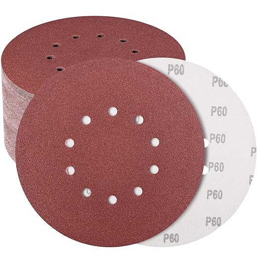 50 Pack 9-Inch 10-Hole Hook-and-Loop Sanding Disc, 60 Grit Aluminum Oxide Drywall Sandpaper for ??" Drywall Sander Pads Ceiling Wood Floor