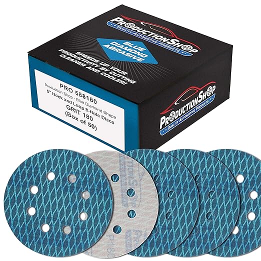 Premium 180 Grit 5" Rhombus Diamond Shape Blue Sanding Discs, 8-Hole, Box of 50 - Hook & Loop Anti-Clogging J-Cloth Dustless Sandpaper for Random Orbital Sanders, Sand Auto Paint, Wood