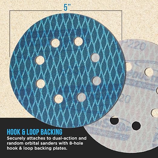 Premium 220 Grit 5" Rhombus Diamond Shape Blue Sanding Discs, 8-Hole, Box of 50 - Hook & Loop Anti-Clogging J-Cloth Dustless Sandpaper for Random Orbital Sanders, Sand Auto Paint, Wood