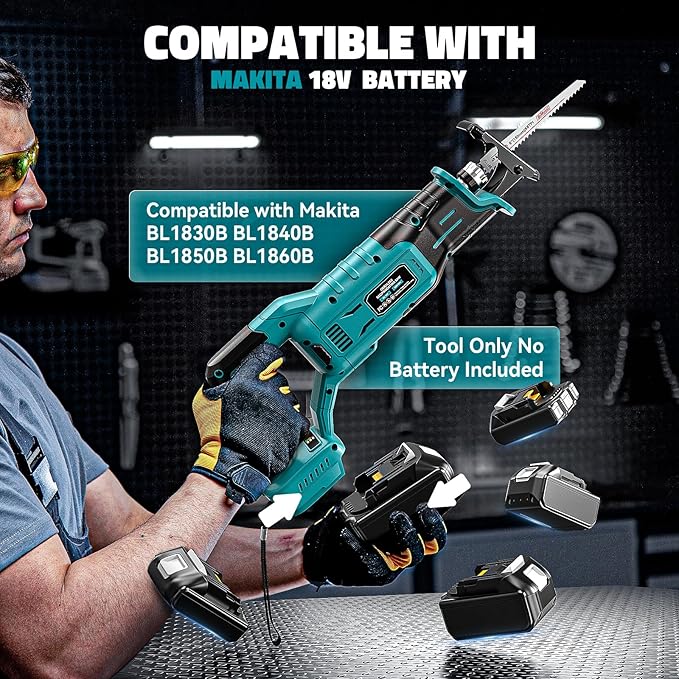 Cordless Reciprocating Saw Compatible with Makita 18V Battery, Variable Speed 1" Stroke Length,3200 SPM, Toolless Blade Change, 4 Saw Blades for Metal Wood PVC Cutting Tool Only