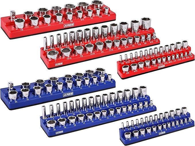ARES 60058-6-Piece Magnetic Socket Organizers - Metric and SAE Set Blue and Red -1/4 in, 3/8 in, 1/2 in Socket Holders -143 Pieces of Standard (Shallow) and Deep Sockets -Organize Your Tool Box