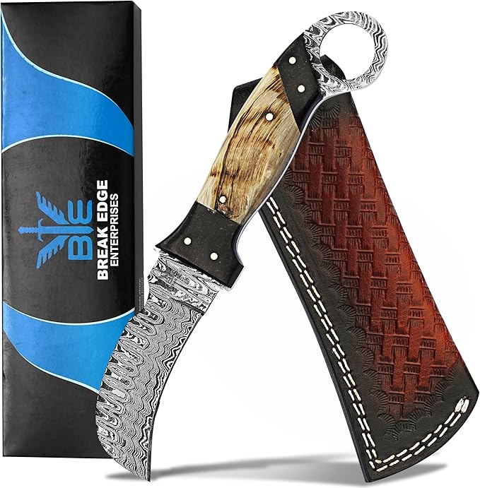 Handmade 1095 Steel Lineman’s Hawkbill knife with Leather sheath, Heavy Duty Utility Knife blade Electrician Wire Skinning knife for professional.(Horn)