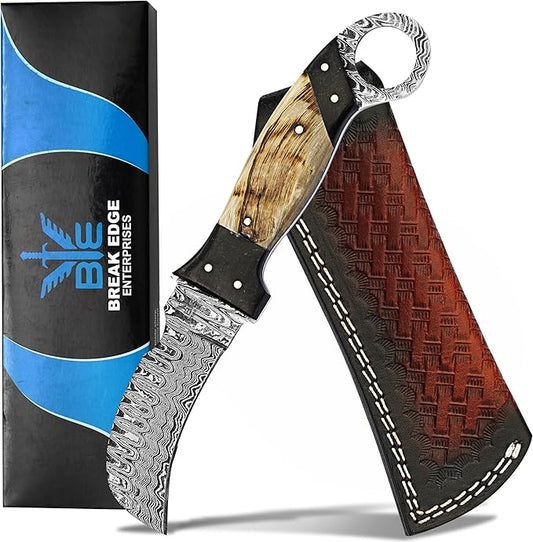 Handmade 1095 Steel Lineman’s Hawkbill knife with Leather sheath, Heavy Duty Utility Knife blade Electrician Wire Skinning knife for professional.(Horn)