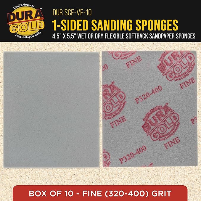 Dura-Gold Very Fine Cut Sanding Sponges, Box of 10-5.5" x 4.5" (320 to 400 Grit) Performance Conform & Flex Wet or Dry Flexible Softback Sandpaper Sponges, Hand Block - Wood Drywall Metal Auto Paint