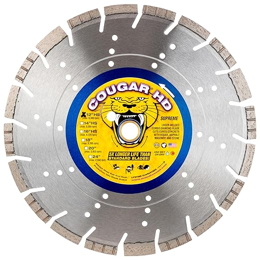 Cougar HD 12 Inch Concrete Diamond Blade, Supreme Heavy-Duty Segmented Blade, Dry/Wet Combo Cutting Reinforced Concrete, Asphalt, Stone 1"-20mm Arbor