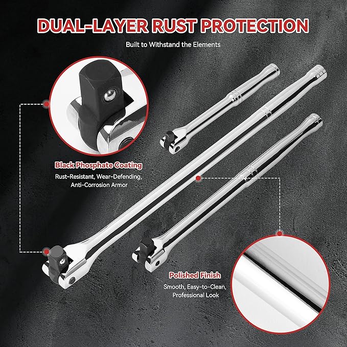 10 Piece Breaker Bar Set, 3/8" , 1/2" and 1/4" Drive, 180째 Rotatable Head, 6'', 10'', 15'' Length, 3 Extension Bars, Organizer Case