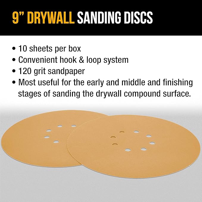 Dura-Gold Premium 9" Drywall Sanding Discs - 120 Grit (Box of 10) - 8 Hole Pattern Sandpaper Discs with Hook & Loop Backing, Fast Cutting Aluminum Oxide Abrasive - for Drywall Power Sander, Sand Wood