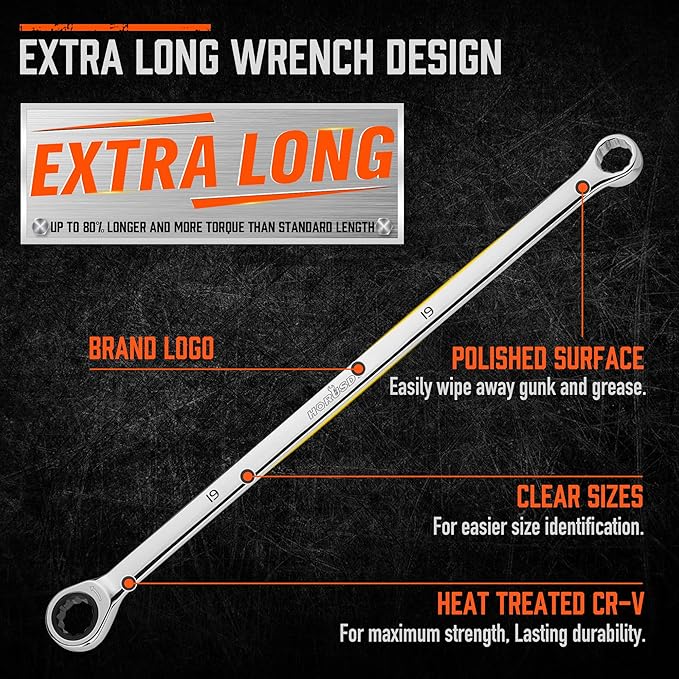 HORUSDY 9-Piece Extra Long Ratcheting Wrench Set, Double Box End Wrench Set with Tool Bag & Box, Metric 8-22mm, CR-V Steel