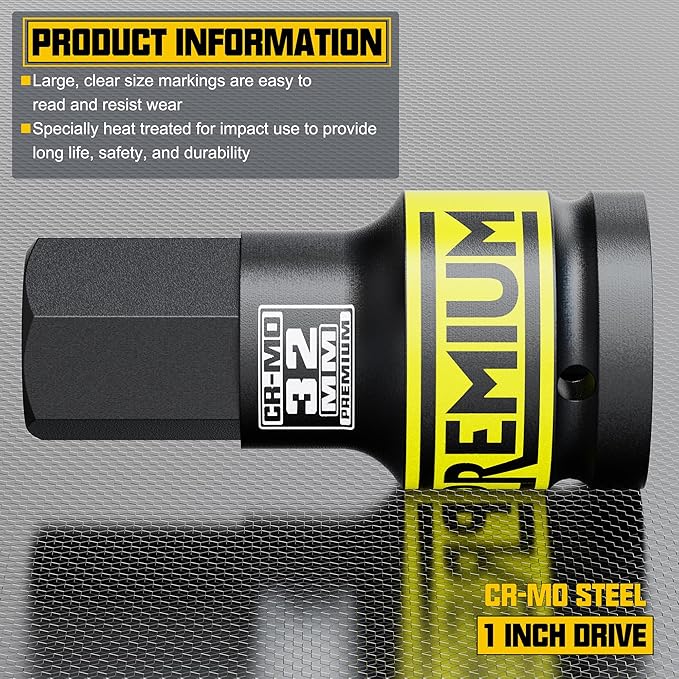 1" Drive H32 Impact Hex Bit Socket, 32 mm Allen Bit Socket, Metric, Cr-Mo Steel, Truck Repair and Equipment Maintenance